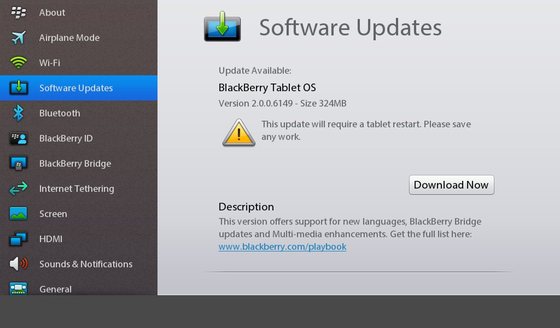 BlackBerry PlayBook OS2 Beta Update auf 2.0.0.6149