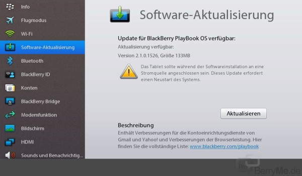 BlackBerry PlayBook OS Update auf Version 2.1.0.1526