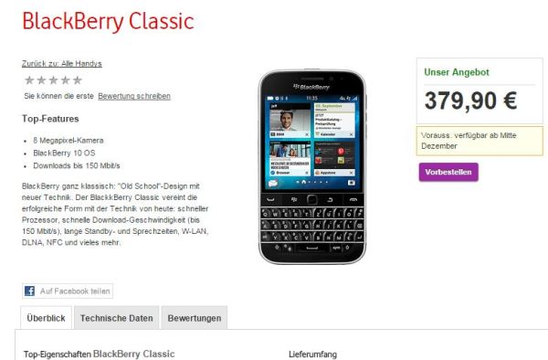 BlackBerry Classic bei Vodafone Deutschland für 379,90€ ohne Vertrag vorbestellbar