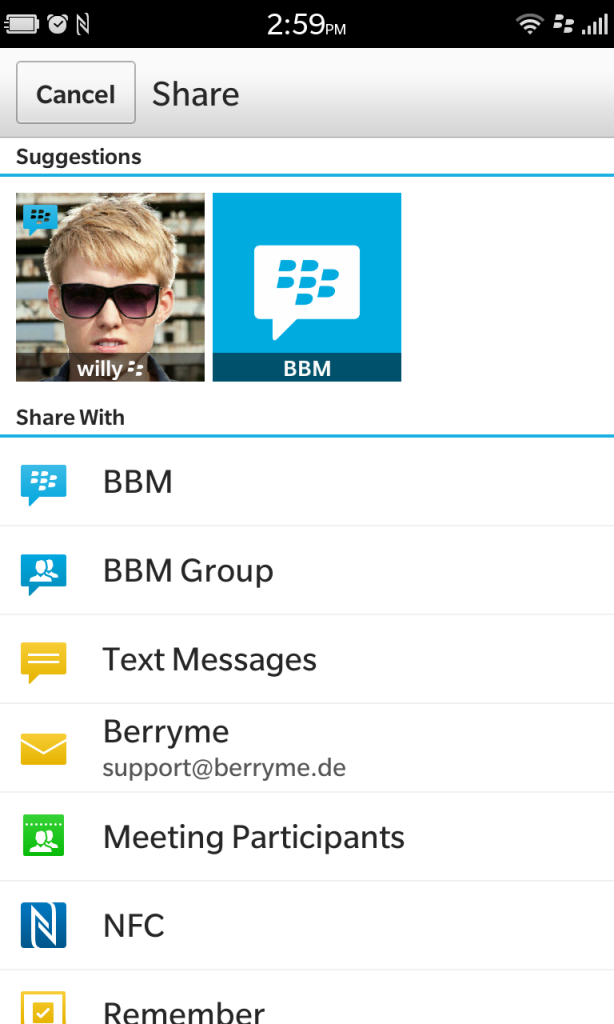 Share-Menu unter BlackBerry 10.2