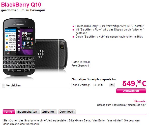 BlackBerry Q10 ab sofort für 549,95€ ohne Vertrag bei T-Mobile lieferbar