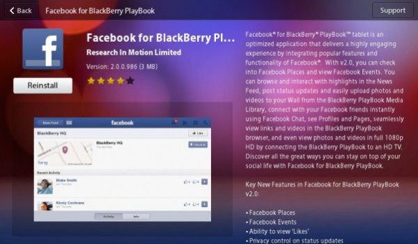 Facebook für BlackBerry PlayBook – erneutes Update auf 2.0.0.986