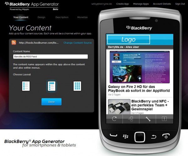 Mippin BlackBerryAppGenerator – in drei Schritten zur eigenen App für BlackBerry Smartphones und Tablets