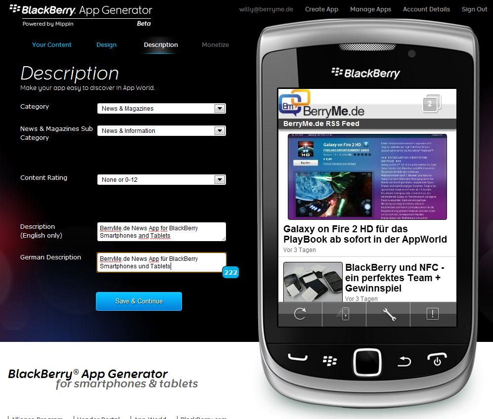 BlackBerry App Generator - Beschreibung der App