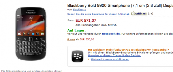 BlackBerry Bold 9900 ab sofort bei Amazon.de lieferbar