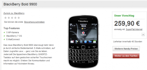 BlackBerry Bold 9900 ab sofort bei Vodafone Deutschland verfügbar