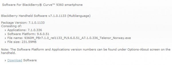 BlackBerry Curve 9360 OS 7.1.0.336 offiziell von Telenor Norway