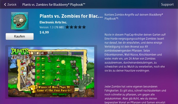 Plants vs. Zombies für das BlackBerry PlayBook in der AppWorld verfügbar