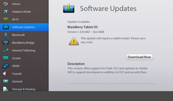 BlackBerry PlayBook OS Update auf Version 1.0.8.6067