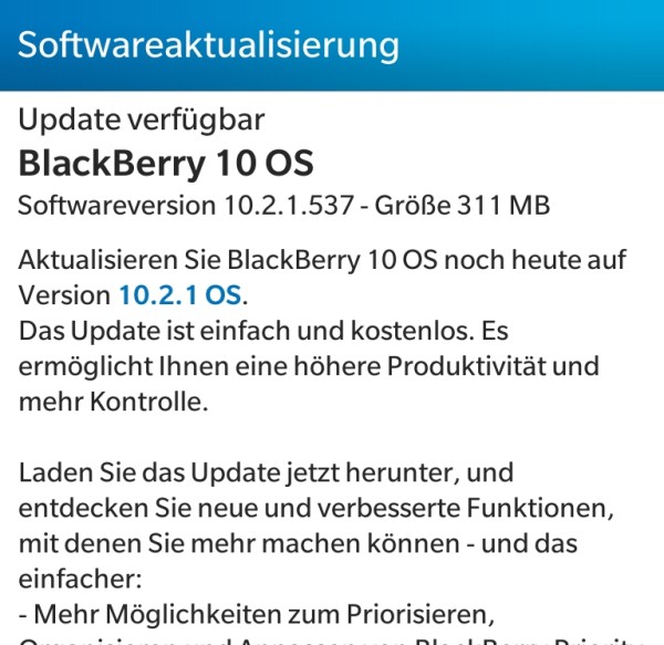 BlackBerry 10.2.1 steht bei verschiedenen Anbietern zum Update bereit