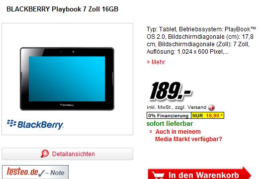 Muttertagsangebot – BlackBerry PlayBook für 189€ bei MediaMarkt mit eigenem Werbeclip