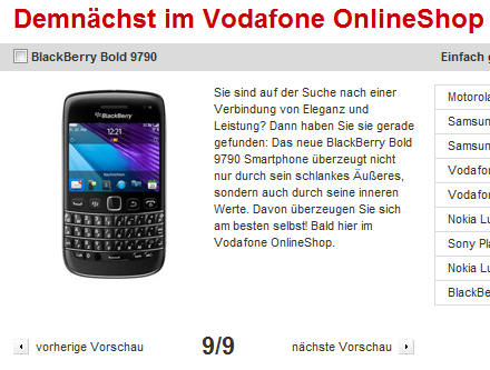 BlackBerry Bold 9790 demnächst im Vodafone Shop verfügbar