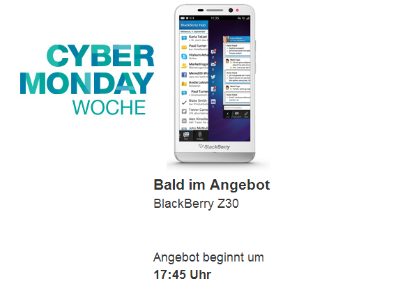 BlackBerry Z30 beim Amazon Cyber Monday zum Angebotspreis um 17:45 Uhr