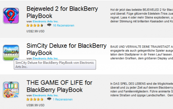 EA Games bringt drei neue Spiele für das BlackBerry PlayBook
