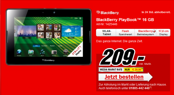 BlackBerry PlayBook 16GB für 209€ im MediaMarkt, Update: 32GB für 249€